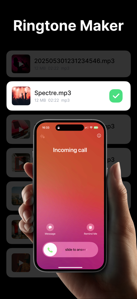 Video To Mp3 Converter - Media - Mobile app interface for creating custom iPhone ringtones from converted MP3 files