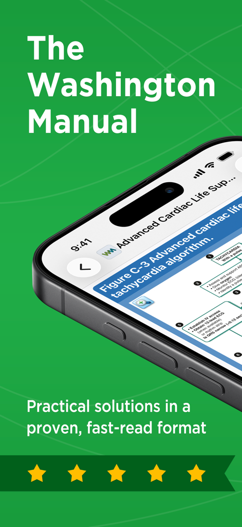 Pantalla de iPhone que muestra un algoritmo de tratamiento de taquicardia dentro de la aplicación médica The Washington Manual.