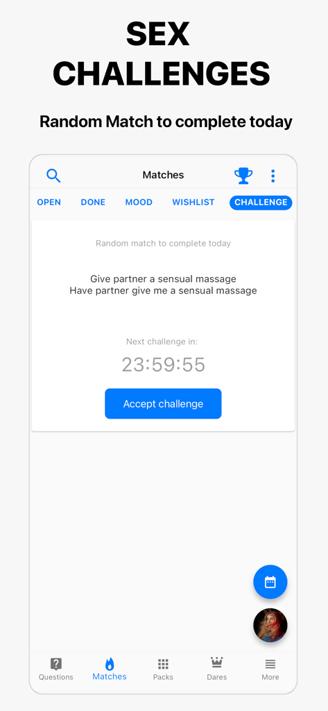 Spicer - Sex Ideas For Couples - Interfaz de la aplicación Spicer mostrando un desafío sexual diario para parejas con un botón de aceptar y un temporizador de cuenta regresiva.