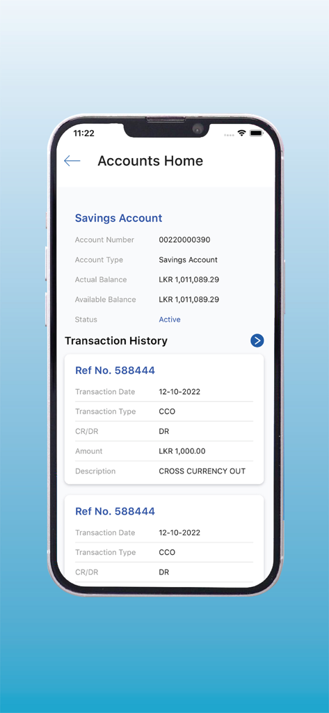 LOLC Realtime - LOLC Realtime app screen showing a savings account balance and transaction history in Sri Lankan Rupees