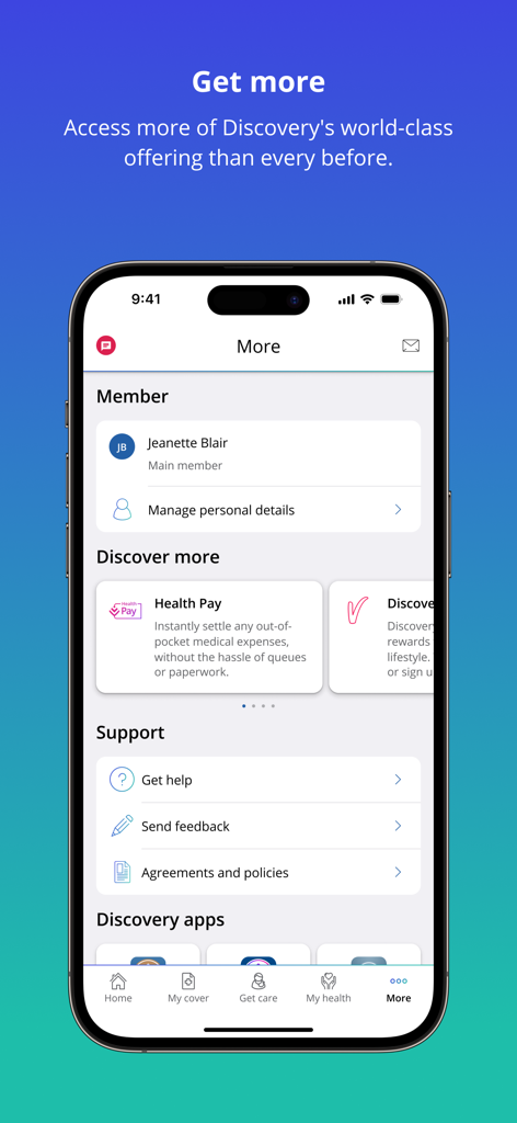 Discovery Health App - Discovery Health App interface showing the More menu with member profile and support links