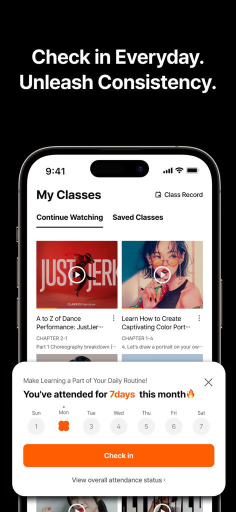CLASS101 mobile app interface showing a daily attendance check-in feature for online classes to build learning consistency.