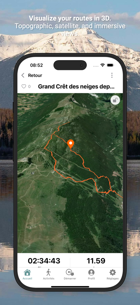 isomaps - Isomaps app displaying a 3D satellite map with a highlighted hiking trail and activity duration