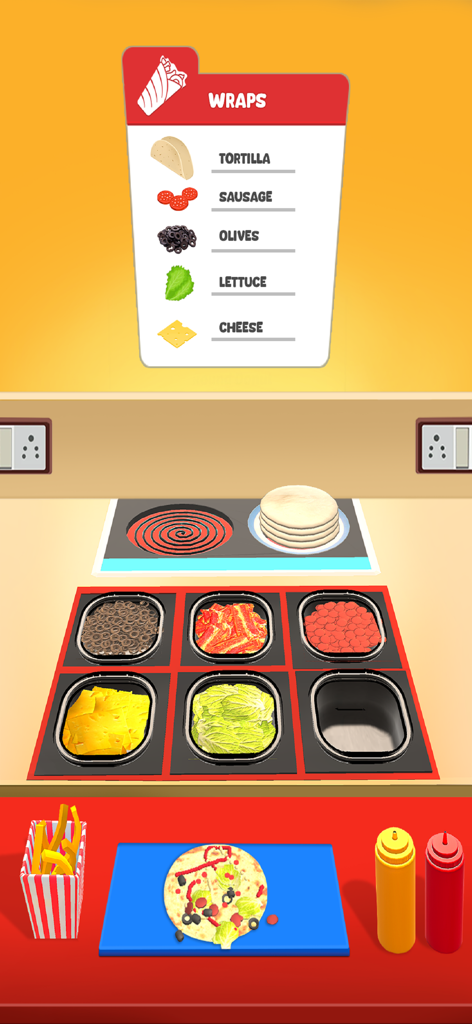 Tela de jogabilidade do Food Simulator mostrando uma receita de wrap e estação de preparação de ingredientes