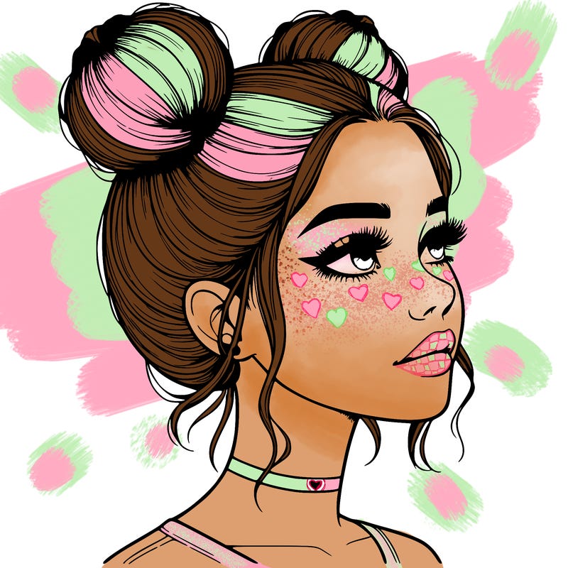 realistic girl with buns on the top of her head
