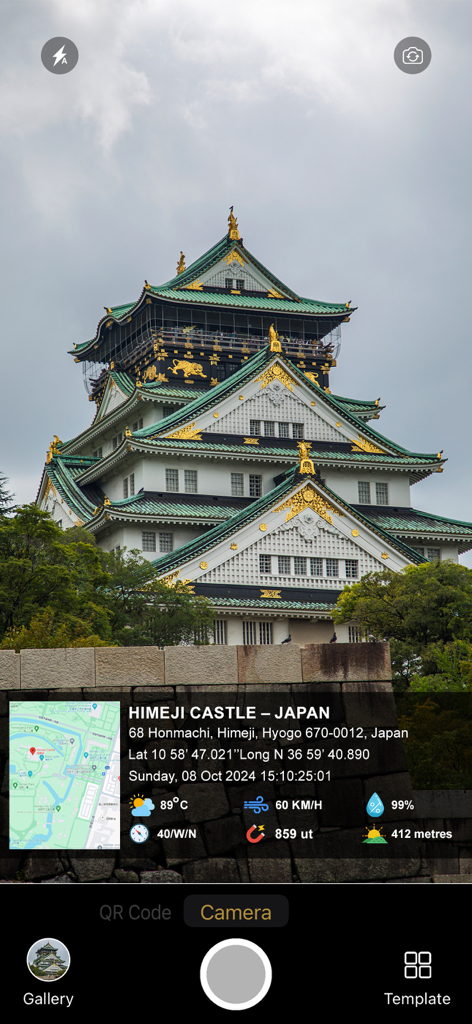 Gps Map Camera - Timestamp - GPS Map Camera app interface showing a photo of Himeji Castle with a metadata overlay including location map coordinates timestamp and weather data