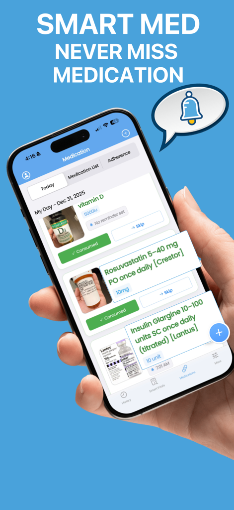 Blood Sugar Monitor Free of ad - Pantalla del iPhone que muestra el registro de medicamentos y recordatorios en la aplicación Sugar Monitor
