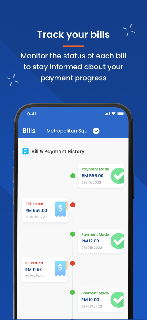 MySAJ 2.0 - A screenshot of the MySAJ 2.0 app showing the Bill and Payment History screen with a timeline of transactions