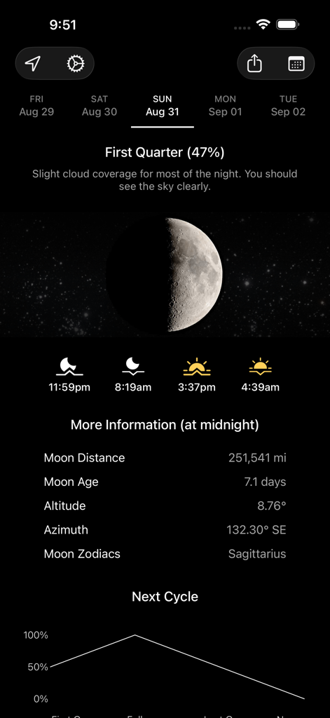 My Moon Phase Pro - Alerts - 上弦の月と天文学的な詳細を表示するMy Moon Phase Proアプリのインターフェース