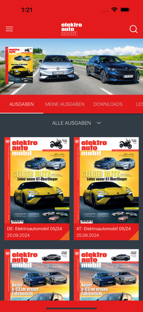 The Elektroautomobil app interface displaying a collection of digital magazine issues focusing on electric cars.