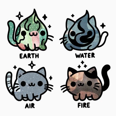 4 cats that represent the different elements, earth, water, air, and fire