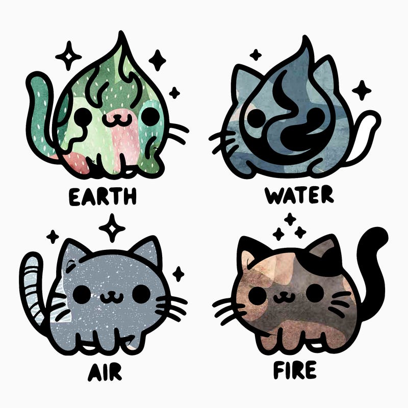 4 cats that represent the different elements, earth, water, air, and fire