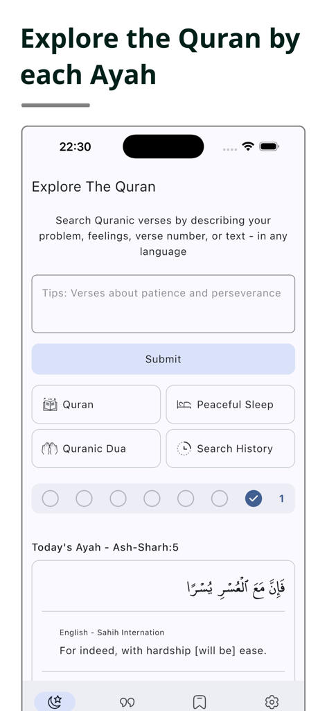 Quran - Ayah Finder - Search interface of the Quran Ayah Finder app showing options to find verses by situation and emotion