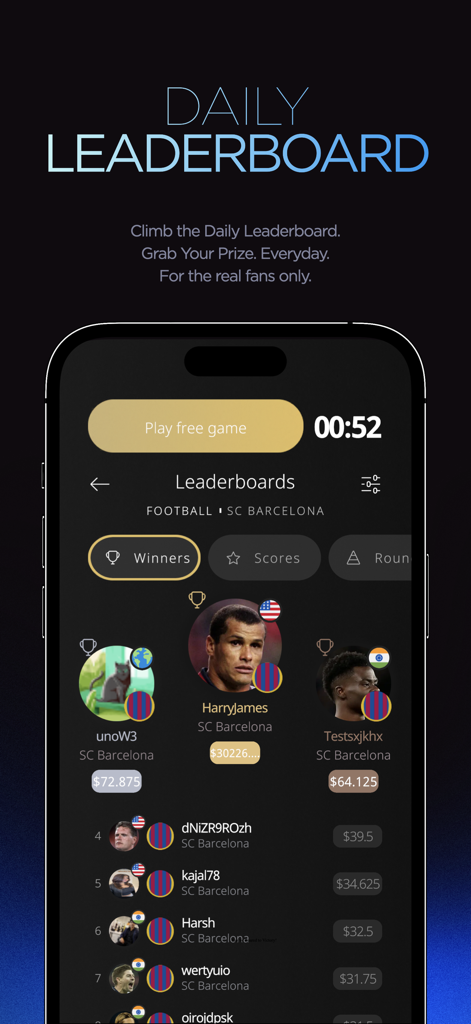 Daily leaderboard screen in Super One app showing top trivia winners and cash prizes for football fans