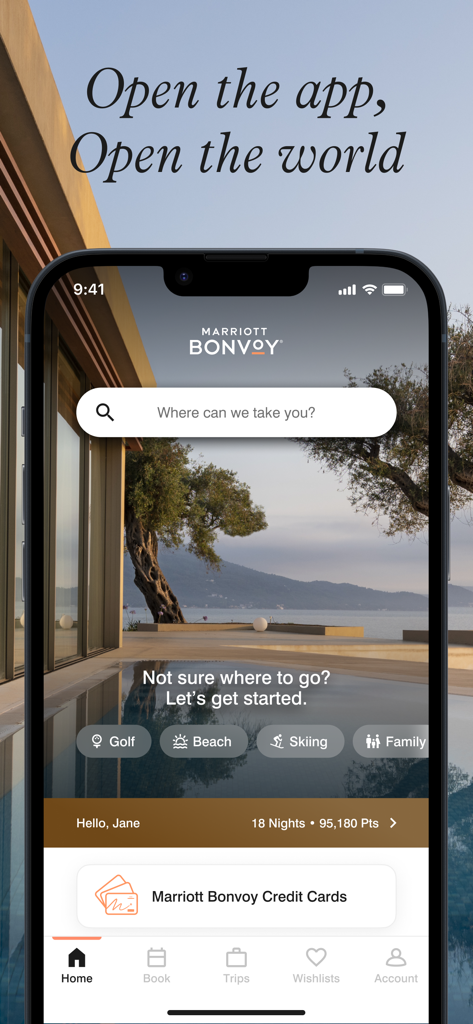 A tela inicial do aplicativo móvel Marriott Bonvoy mostrando uma barra de pesquisa de hotéis e um resumo dos pontos de fidelidade do membro.
