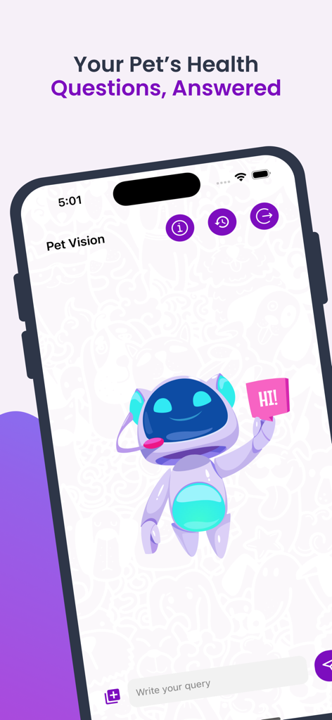 Petvis - Petvisアプリのホーム画面、AI獣医アシスタントボットと医療質問用のクエリインターフェイスをフィーチャー
