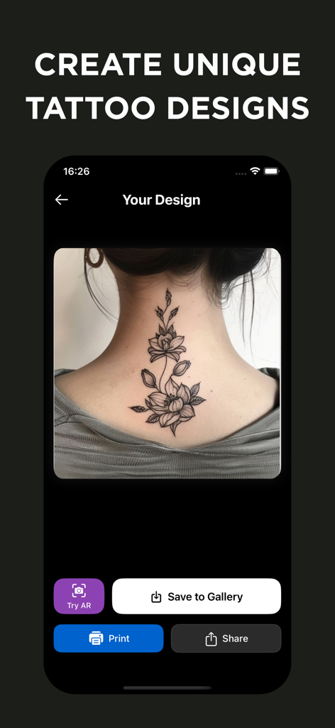 Tattoo AI: Generator & Design - Tattoo AIアプリのインターフェースで、首に表示されたAI生成の花のタトゥーデザイン。