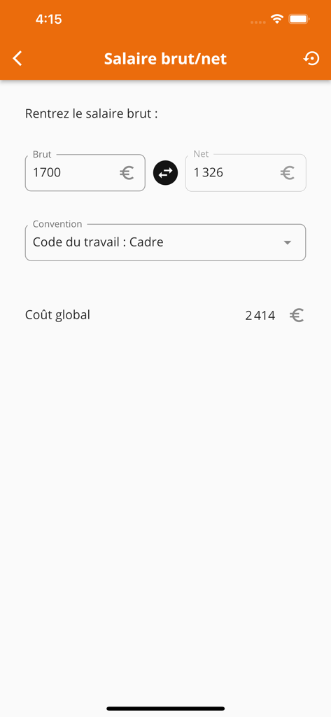 Interface of the AGCGE app showing a gross to net salary conversion tool