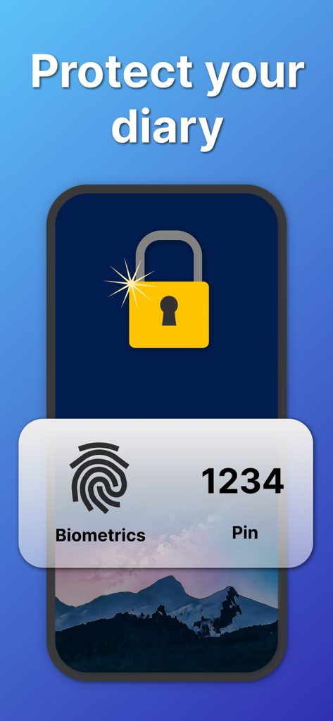 My Secret Diary - Journal - Tela do smartphone mostrando opções de bloqueio biométrico e PIN para um diário privado