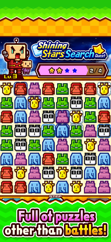 A gameplay screenshot of the Shining Stars Search Quest puzzle mode in ZOOKEEPER BATTLE featuring colorful animal tiles.