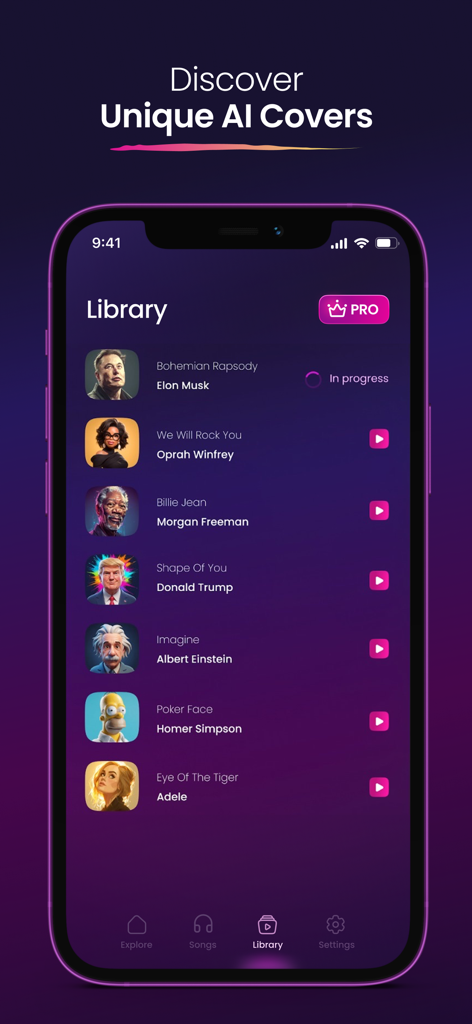 Library view of Coverly app showing AI song covers with celebrity voices