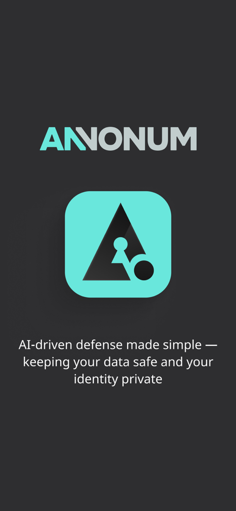 Annonum app splash screen featuring the logo and tagline for AI-driven data security and privacy.
