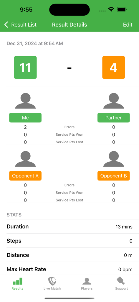 Pickleball Score Keeper app result details screen showing match score and player statistics