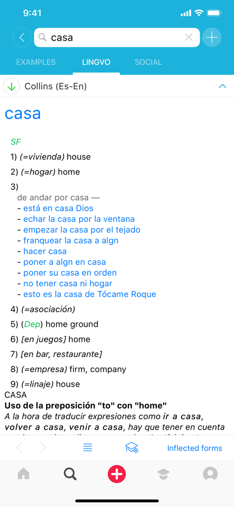 Detailed Spanish to English dictionary entry for the word casa including multiple meanings and idioms