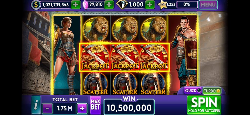 Slot Bonanza- 777 Vegas casino - A Roman gladiator themed slot machine screen in Slot Bonanza displaying a big jackpot win