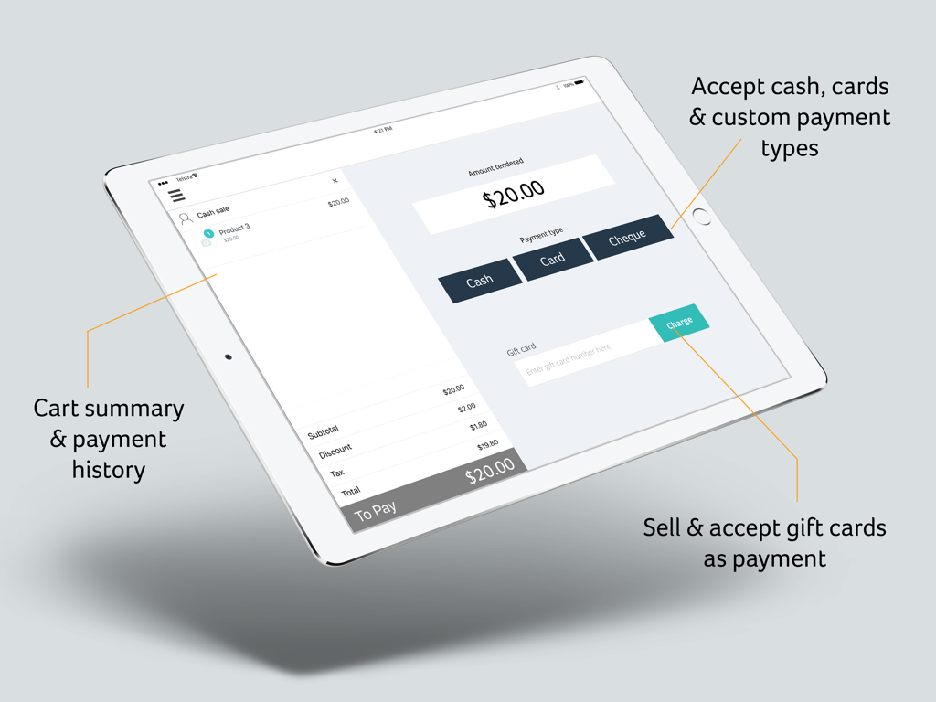 Hike POS checkout screen on iPad showing cart summary and payment options