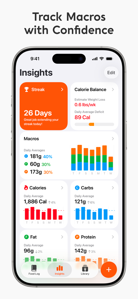 Foodnoms app insights screen showing calorie balance macro averages and a 26 day streak