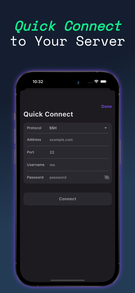 Quick Connect screen in the Termux iOS app showing SSH configuration fields for server address and port