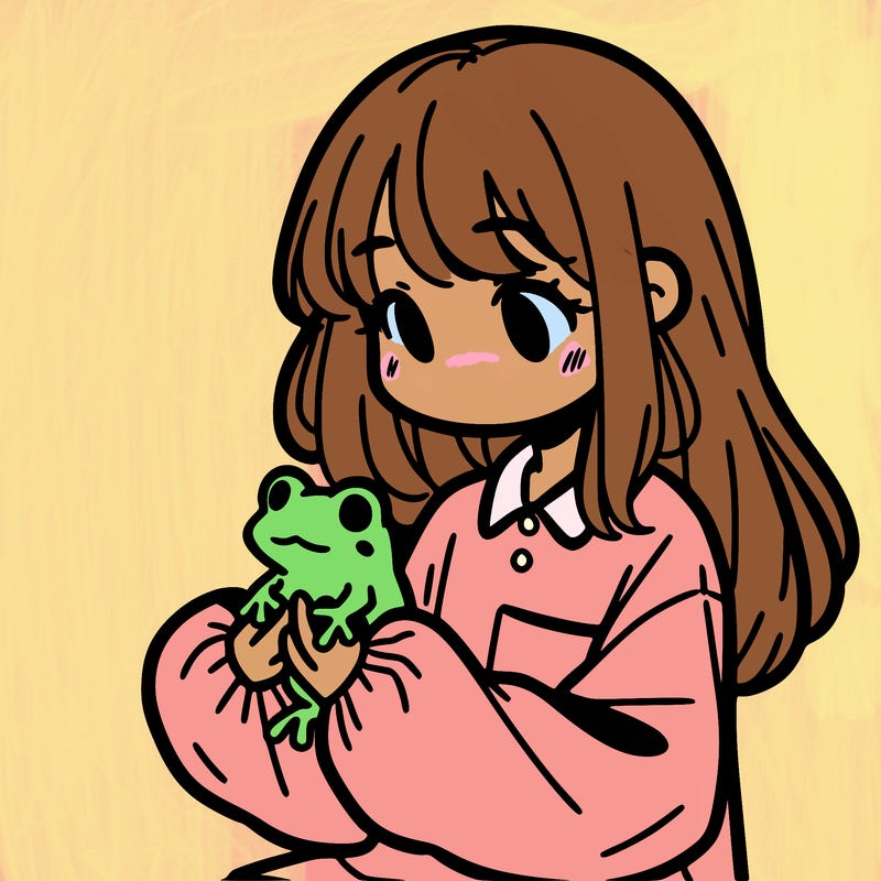 girl with long hair and a oversized shirt. and she is holding a frog