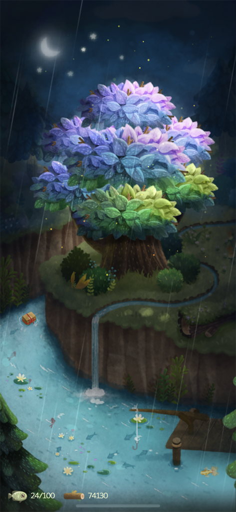 Secret Cat Forest - Un paisaje nocturno pacífico en Secret Cat Forest con un gran árbol colorido y un río de pesca bajo una luna creciente y lluvia.