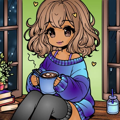 cute anime girl reading book and drinking hot chocolate from mug with loose wavy hair wearing a baggy sweatshirt and shorts sitting by windowsill looking out