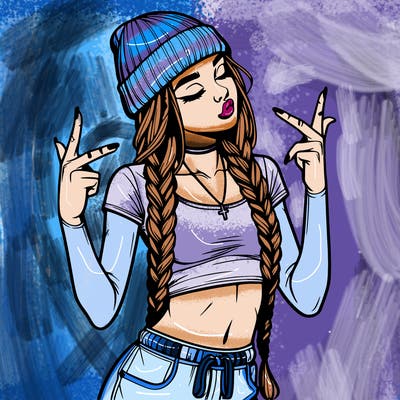 realistic teenage girl with braids and a beanie and crop top doing 🫶🏼
