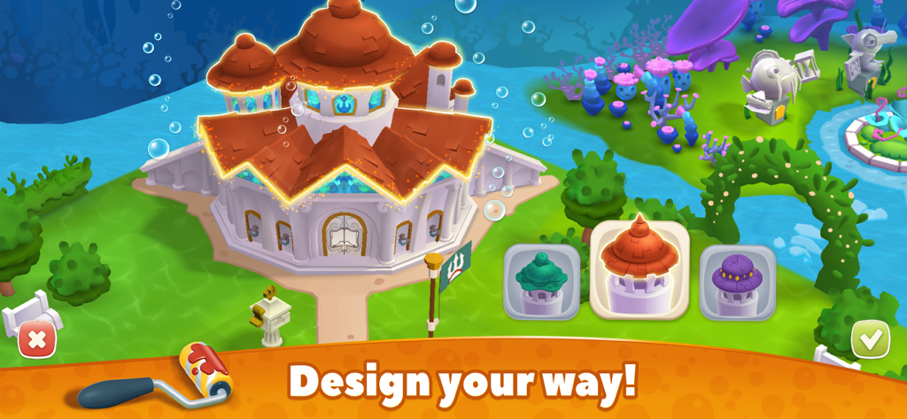 Undersea Solitaire Tripeaks - Building customization screen in Undersea Solitaire Tripeaks showing various roof color options for an underwater structure.