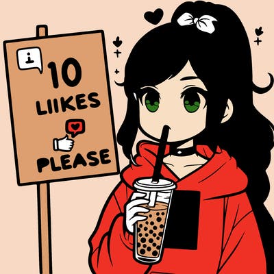 girl with a high ponytail and a hoodie drinking boba staring at a sign saying 10 likes please