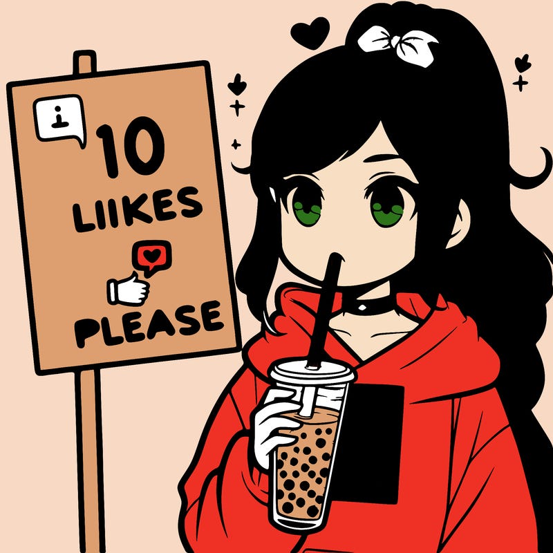 girl with a high ponytail and a hoodie drinking boba staring at a sign saying 10 likes please