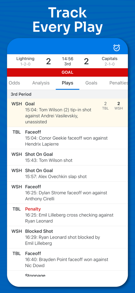 Superfan Sports: NHL Hockey - Live-NHL-Spielverlauf-Feed mit Toren, Schüssen und Strafen für Lightning gegen Capitals.