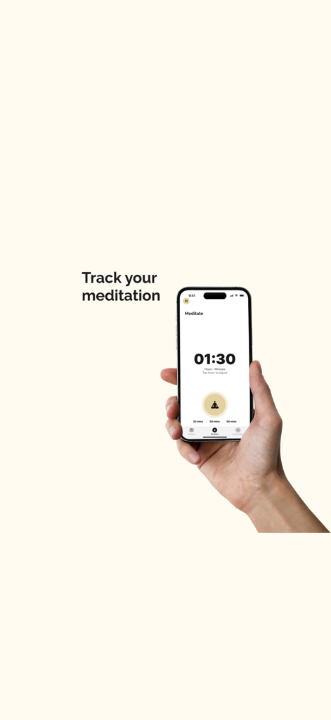 A hand holding an iPhone showing the YogiLab Vipassana app meditation timer screen with the text Track your meditation.