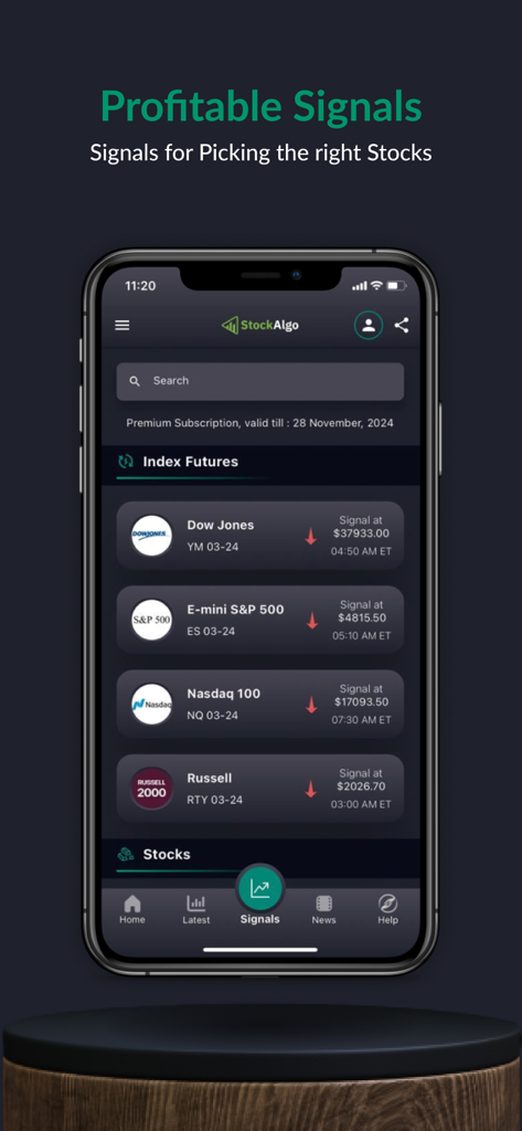 StockAlgo Trading Signals - StockAlgo 모바일 앱 인터페이스는 Dow Jones 및 Nasdaq과 같은 주요 주가 지수에 대한 AI 거래 신호를 표시합니다.