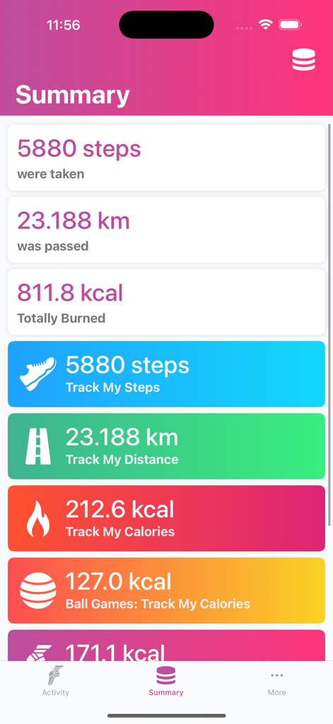 Fitness summary dashboard displaying steps distance and calories burned across different activities