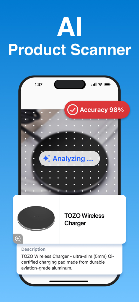 QR Code Reader ・Generator - Interfaz de aplicación móvil que muestra un escáner de productos IA identificando un cargador inalámbrico con un 98 por ciento de precisión.
