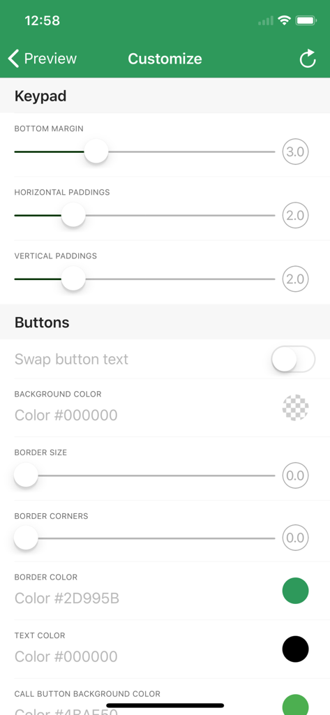 T9 Dialer PRO - Customization settings screen in T9 Dialer PRO for adjusting keypad margins and button styles.