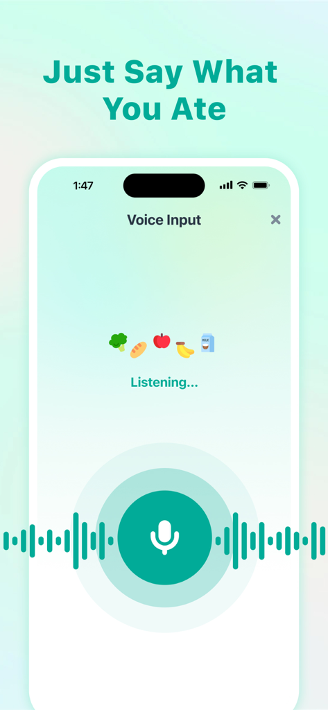 EasyFast - Calorie Counter - Pantalla de entrada de voz de la aplicación EasyFast para un registro de comidas fácil con reconocimiento de voz