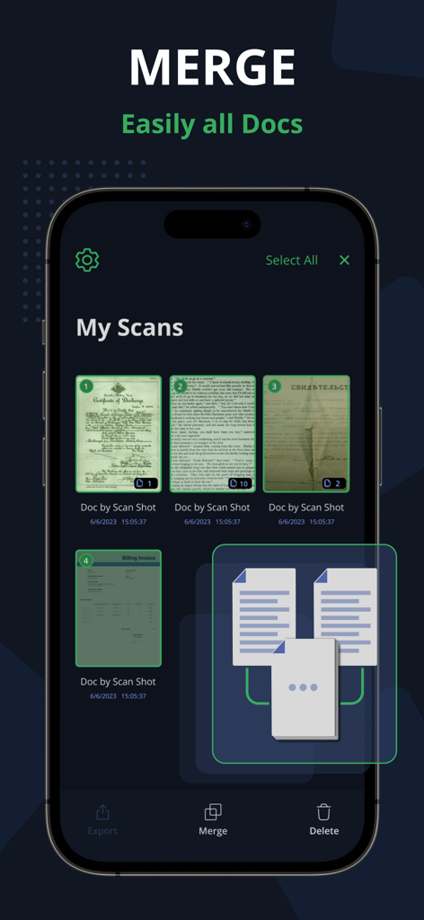 Interface do Aplicativo Scanner PDF mostrando o recurso para mesclar vários documentos digitalizados em um único arquivo