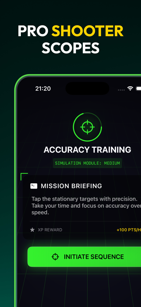 Interface du module de simulation d'entraînement à la précision dans l'application mobile Crosshair V2