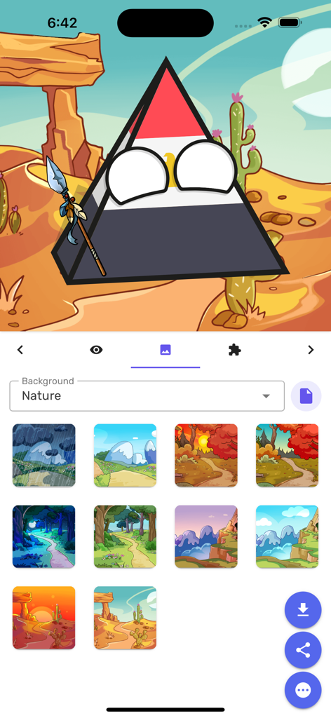 Uma captura de tela da interface do aplicativo Countryballs Stickers apresentando um personagem de pirâmide egípcia e uma seleção de fundos de natureza