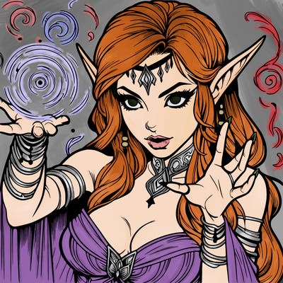 realistic scary beautiful elf sorceress casting spell